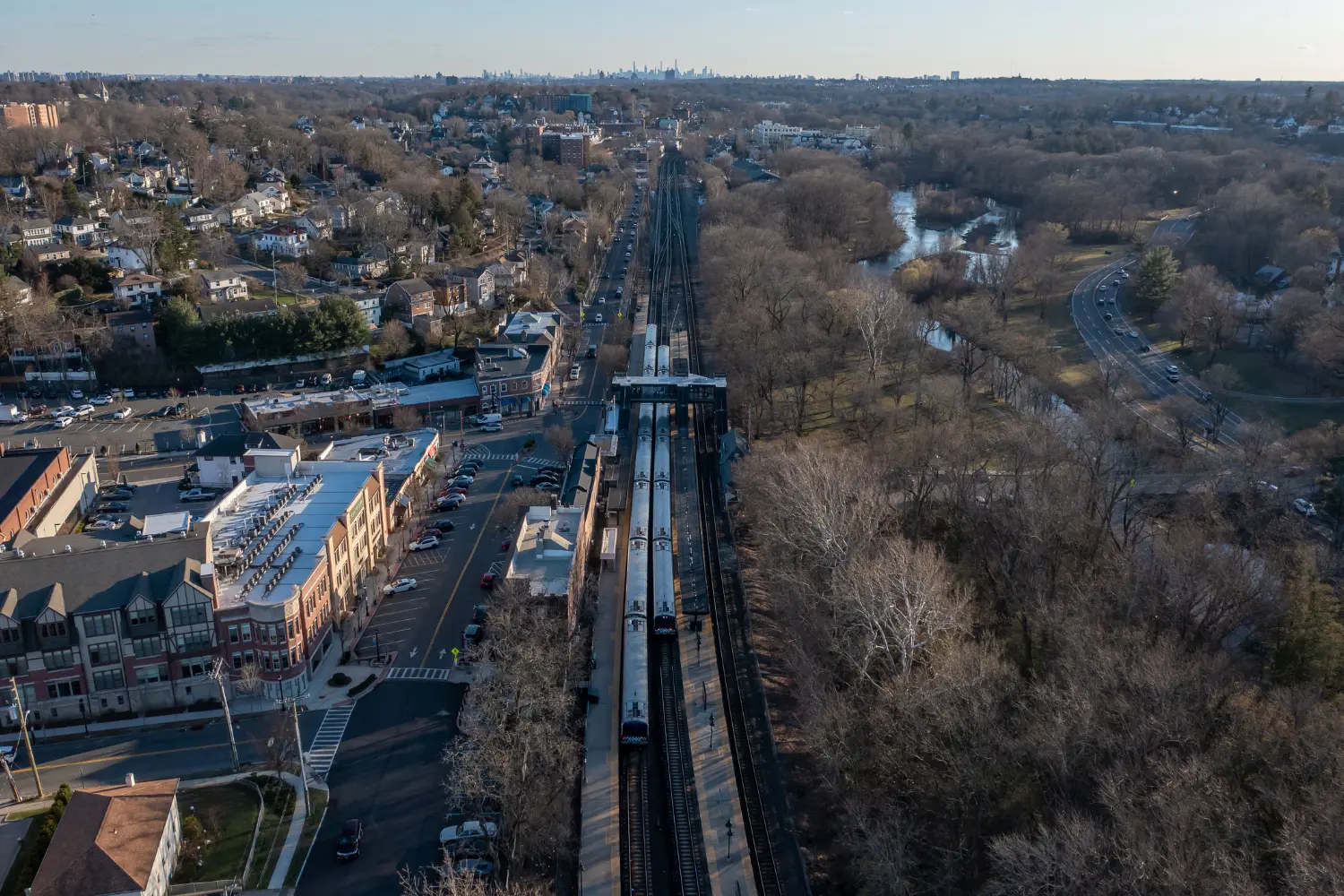 Aerial view of Westchester County train tracks and town