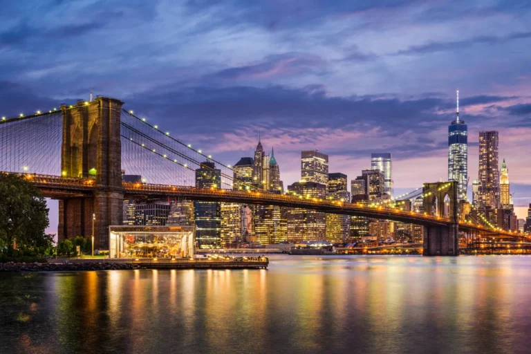 New York City Skyscrapers and Bridge during an evening sunset