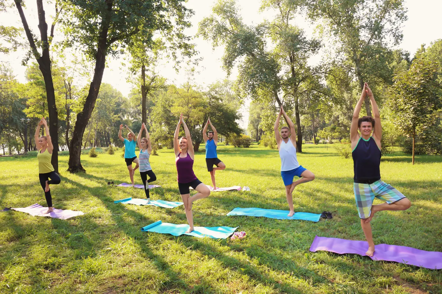 a group of people having a yoga session out in nature