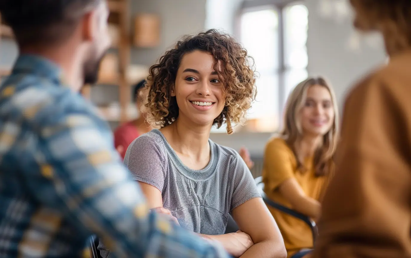 a happy young woman having a conversation in group therapy