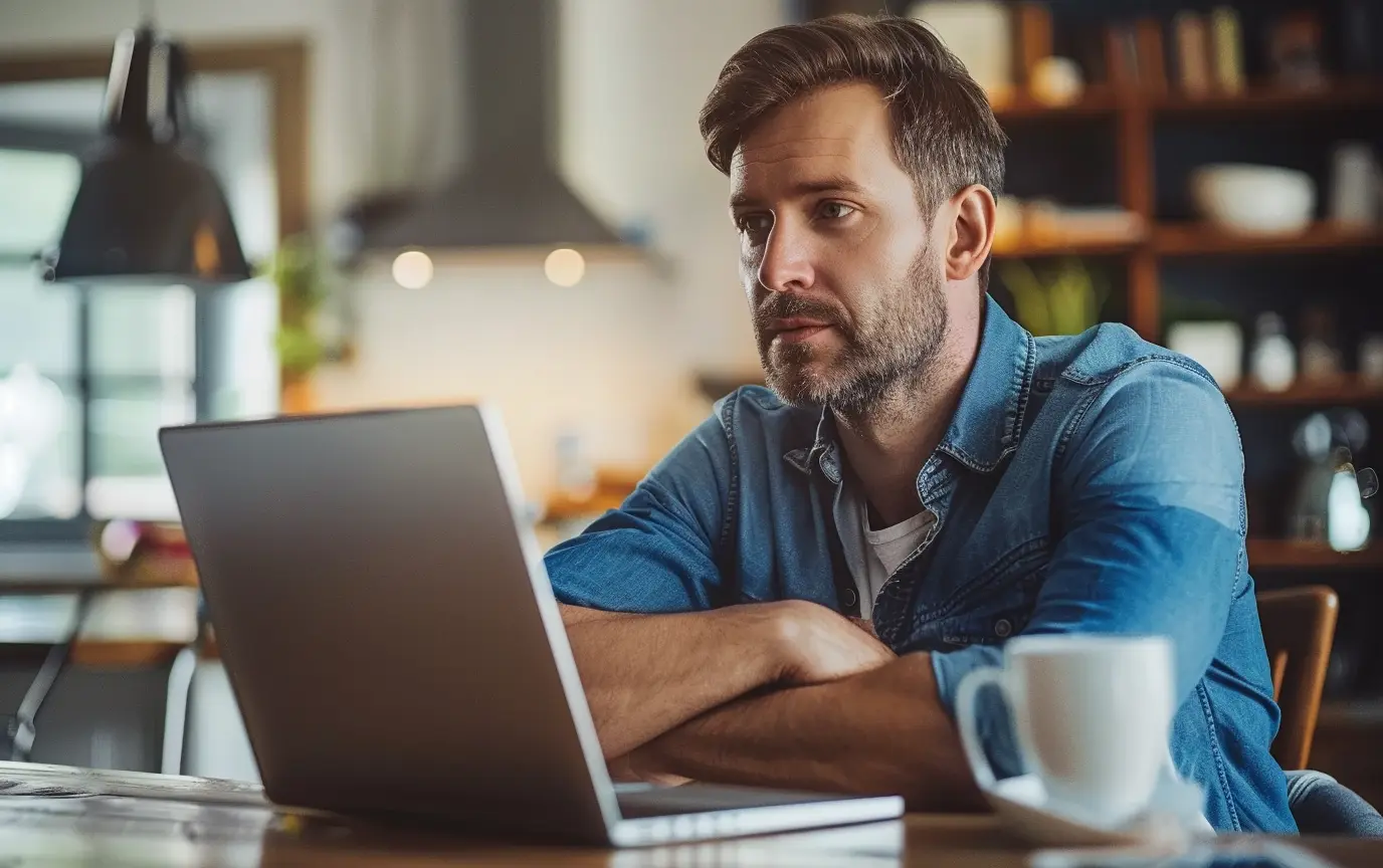 a man in his kitchen engaging focus on his laptop monitor