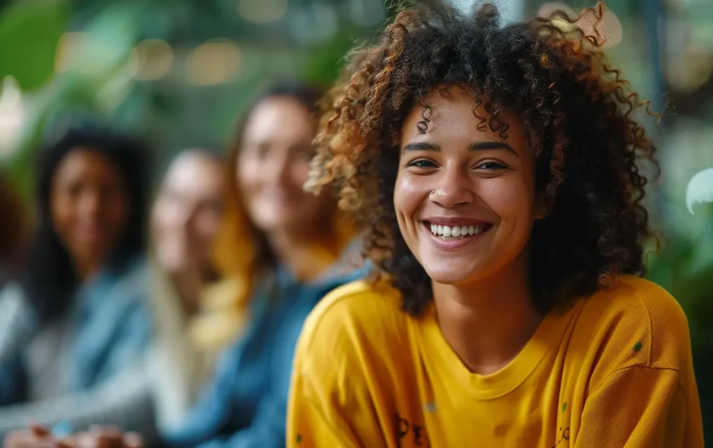 a woman smiling at the camera while in group therapy