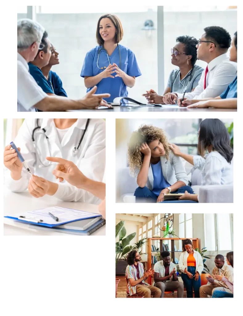 collage of doctors doing research and therapists helping patients